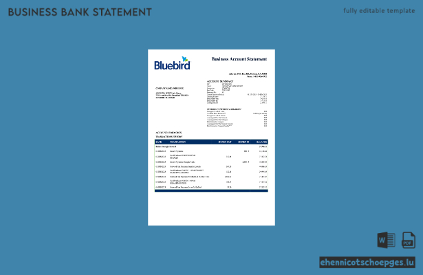USA Bluebird Firmenkontoauszug (Word- und PDF-Beispiel)